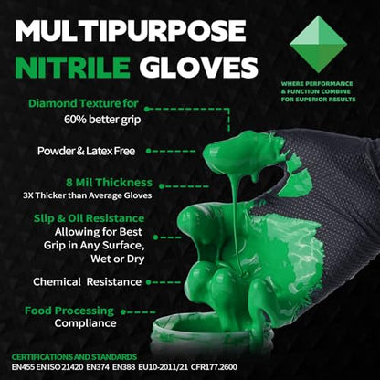 FINITEX Industrial Diamond Texture Nitrile Black Glove - 100/1000PCS Chemical Resistant 8mil Mechanic Disposable Gloves - color: Black (Xx-large 100)