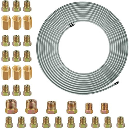32.8Ft 3/16" Copper Coated Brake Line Kit With 28Pcs Fittings and 6 Threads Unions Flaring Tool Kit for Double & Single Flares