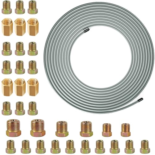 32.8Ft 3/16" Copper Coated Brake Line Kit With 28Pcs Fittings and 6 Threads Unions Flaring Tool Kit for Double & Single Flares