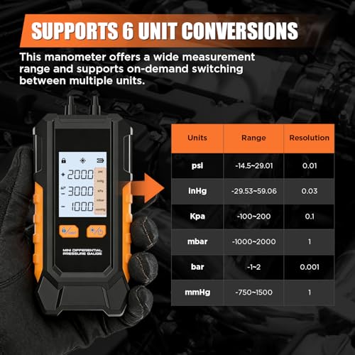 Digital Manometer -101~200kPa Manometer Gas Pressure Tester, Data Zero & Calibration Mini HVAC Gas Pressure Tester with Backlight LCD Display & Data Hold, 6 Units, 7 Adapters
