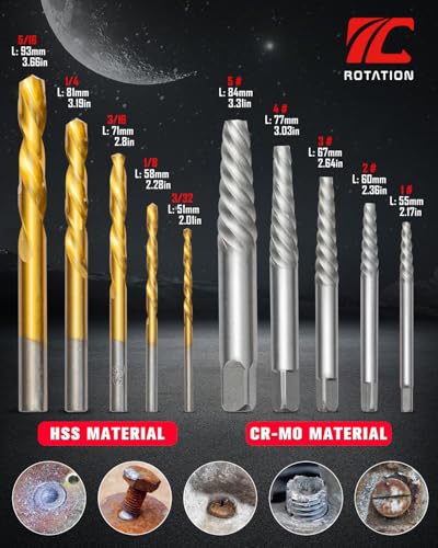ROTATION 10-Piece Screw Extractor and Left-Hand Drill Bit Set, Easy Out Bolt Remover Kit for Stripped Screws & Broken Bolts, Reverse HSS & CR-MO Cobalt Steel Extraction Tool