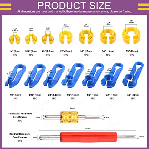 Swpeet 16Pcs Car Fuel Line Disconnect Removal Tool with Valve Core Remover Tool Kit, 1/4 5/16 3/8 1/2 5/8 3/4 7/8 Inch Air Conditioning Quick Disconnect Release Tool Kit Pipe for Auto Repair Tools