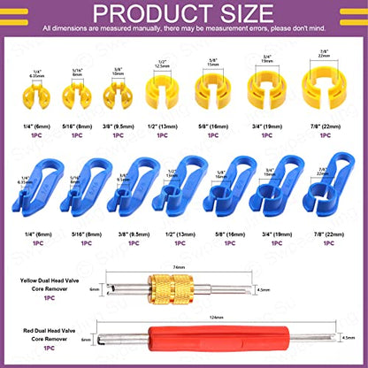 Swpeet 16Pcs Car Fuel Line Disconnect Removal Tool with Valve Core Remover Tool Kit, 1/4 5/16 3/8 1/2 5/8 3/4 7/8 Inch Air Conditioning Quick Disconnect Release Tool Kit Pipe for Auto Repair Tools