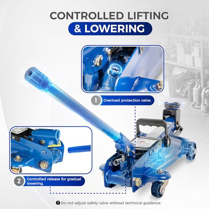 Hantec - 2 Ton Hydraulic Floor Jack - Trolley Lift with Safety Valve, Swivel Wheels, and Hard Carrying Case - 4,400 lbs Capacity - Blue
