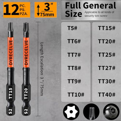 12-Pack Impact Security Torx Bit Set (T5-T40) 3-Inch Long, S2 Steel, Professional Tamper Proof Star Bits Set, with 1/4" Hex Shank, Magnetic & High Torque for Automotive/Electronics/DIY - size: 12-Pieces 3 inch Torx Security Bits