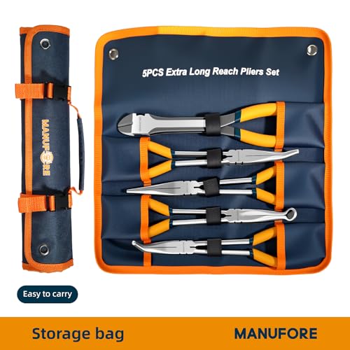 MANUFORE 5-Piece 11-Inch Long Reach Needle Nose Pliers Set for Tight Spaces | Straight, 45° & 90° Bent, Circle Nose and Diagonal, High Carbon Steel & CR-V, Comfort Grip for Better Control, Auto Repair - style: 5PCS