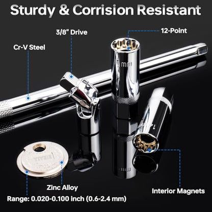 3/8-Inch Drive Torque Wrench Set, 5-50 FT.LB(6.8-67.8 Nm), Magnetic Spark Plug Socket Set, 12-Point Sockets 14mm & 16mm, Spark Plug Gap Tool, ±3% Accuracy, 72-Tooth Torque Wrench for Motor, Car Repair - size: 3/8″ 6PCS