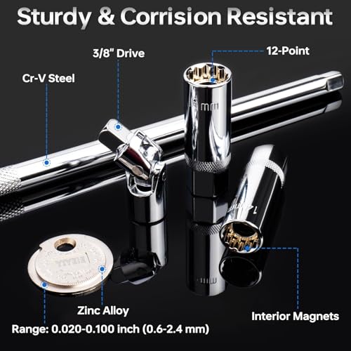 3/8-Inch Drive Torque Wrench Set, 5-50 FT.LB(6.8-67.8 Nm), Magnetic Spark Plug Socket Set, 12-Point Sockets 14mm & 16mm, Spark Plug Gap Tool, ±3% Accuracy, 72-Tooth Torque Wrench for Motor, Car Repair - size: 3/8″ 6PCS
