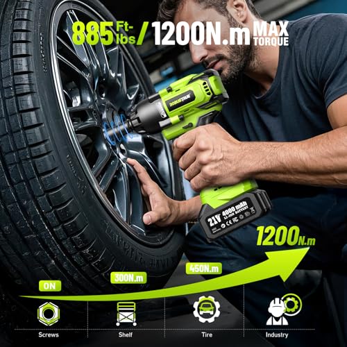 Robustrue Cordless Impact Wrench, 885Ft-lbs (1200N.m) 1/2" Brushless Impact Gun, 21V High Torque Power Impact Driver, 2x4.0Ah Batteries Electric Impact Motor Variable Speeds for Car/Truck RV/Mower - size: 1200N.m