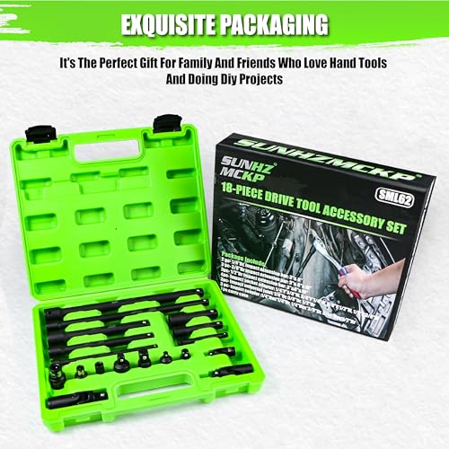 18-Piece Impact Socket Extension Set - 1/4" 3/8" 1/2" Drive Socket Extension Bars, Includes Ratchet Extension Set, Socket Adapter Set, Swivel Universal Joints & Impact Coupler, CR-V Steel - size: 18-Piece Socket Extension Set