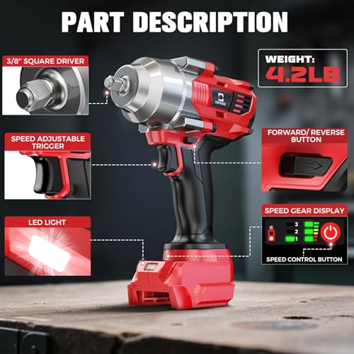 Cerycose Cordless Impact Wrench 3/8" Compatible with Milwaukee 18V Battery, 600Ft-lbs (800N·m), Brushless Electric Impact Driver, 2400 RPM, LED Light – Compact, Light-Duty(No Battery) - color: Red (600 Ft-lbs)