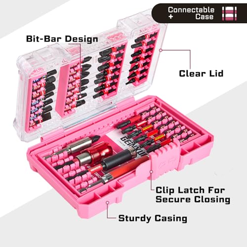 Geinxurn 40Pieces Impact Screwdriver Bits Set, Magnetic S2 Steel Phillips/Slotted/Square/Torx Insert Power Bits Tips, Impact Bit Holder with Pink Storage Box Case - style: STKB040-PK