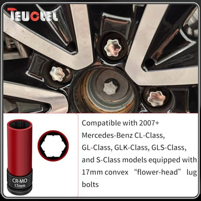 17mm Wheel Lock Nut Socket Compatible with Mercedes Benz S Series | 1/2" Drive, Flower Head Design, Anti-theft Protective Lug Nut Extractor, Metal Wheel Nut Wrench, Tyre Fitting, garage