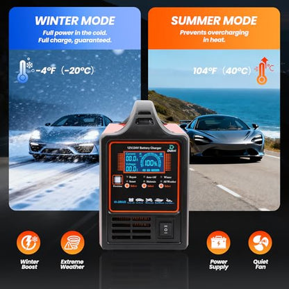 12V 24V Car Battery Charger Heavy Duty, 0-15A Automatic Battery Maintainer, Smart Trickle Charger with Repair & Winter Mode, Auto Shut-Off for AGM, Deep Cycle, Motorcycle, Truck, RV, Marine - size: 12V/24V