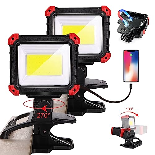 Yls 2 Pack LED Rechargeable Work Light with Clamp, 2100LM COB Magnetic Clip on Worklight with 3 Light Modes, 270°& 180° Rotatable Portable Clamp Worklight for Car Repairing, Jobsite, Grilling, Camping