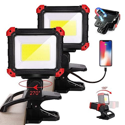 Yls 2 Pack LED Rechargeable Work Light with Clamp, 2100LM COB Magnetic Clip on Worklight with 3 Light Modes, 270°& 180° Rotatable Portable Clamp Worklight for Car Repairing, Jobsite, Grilling, Camping