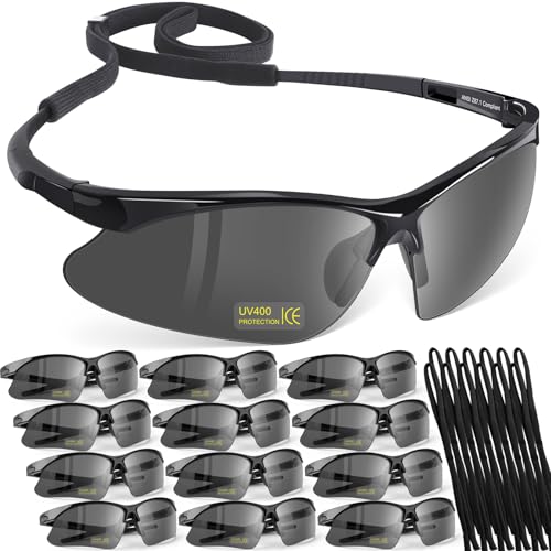 OXG 12 Pack Anti Fog Safety Glasses for Men, ANSI Z87.1 Safety Goggles Impact Scratch Resistant Eye Protection for Work - color: Grey With Straps