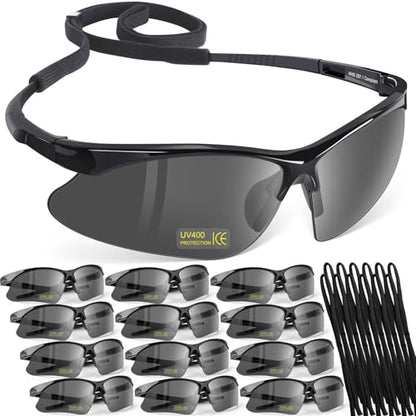 OXG 12 Pack Anti Fog Safety Glasses for Men, ANSI Z87.1 Safety Goggles Impact Scratch Resistant Eye Protection for Work - color: Grey With Straps