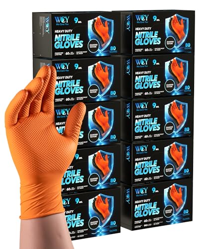 wcy 9 Mil Heavy Duty Mechanic Disposable Nitrile Gloves,Orange 800 Ct, XL | Diamond Grip,Disposable Latex Free Chemical Resistant Rubber Gloves for Industrial,Auto Repair,Janitorial Tasks - color: Orange-800, size: X-Large