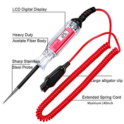 Large Size Heavy Duty 3-48V Digital LCD Circuit Tester with 140 Inch Extended Spring Wire,Car Truck Low Voltage & Light Tester with Stainless Probe