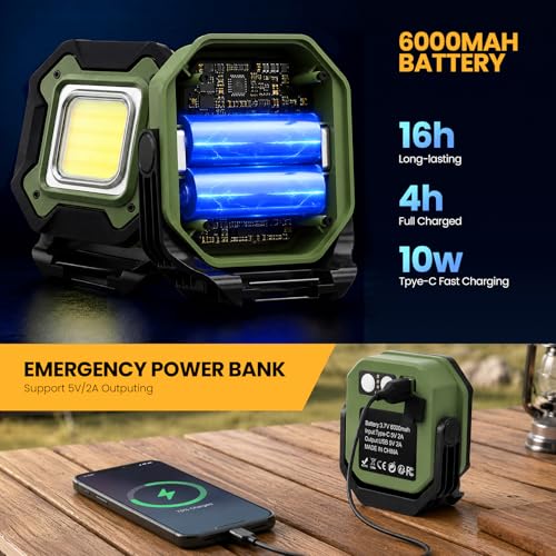2-Pack 6000mAh Rechargeable LED Work Light, 16Hrs Long-Lasting 1200LM Waterproof Magnetic Job Site Lighting, 180° Rotating 4 Modes 6500K Work Lamp for Car Repair Mechanic Camping Fishing Emergency - color: Green