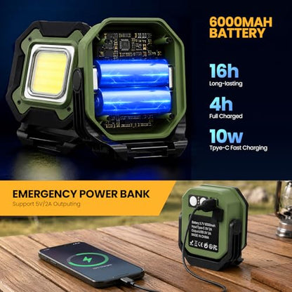 2-Pack 6000mAh Rechargeable LED Work Light, 16Hrs Long-Lasting 1200LM Waterproof Magnetic Job Site Lighting, 180° Rotating 4 Modes 6500K Work Lamp for Car Repair Mechanic Camping Fishing Emergency - color: Green