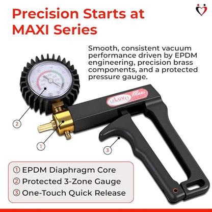 LeLuv Maxi Vacuum Pump - Manual Hand Vacuum (0-30 Hg, 0-760 mmHg) with Ergonomic Nylon Handle, Release Valve, & Rubber Protected Pressure Gauge (1/8" NPT), Compatible with LeLuv Pump Series - Black - color: Black