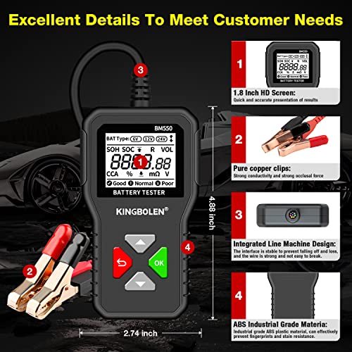 KINGBOLEN BM550 6V 12V 24V Car Battery Tester, 100-2000 CCA Voltage Tester 2Ah-220Ah Internal Resistance Tester Accurate Digital Auto Battery Analyzer for Cars Trucks SUV ATV Boats Motorcycles Vehicle | 100-2000 CCA BM550 Battery Tester, Accurate Digital