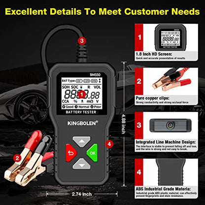 KINGBOLEN BM550 6V 12V 24V Car Battery Tester, 100-2000 CCA Voltage Tester 2Ah-220Ah Internal Resistance Tester Accurate Digital Auto Battery Analyzer for Cars Trucks SUV ATV Boats Motorcycles Vehicle - style: BM550 battery tester