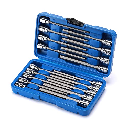CASOMAN 18 Pieces 3/8 Inch Drive Long Hex Bit Socket Set,1/8 Inch to 3/8 Inch, 3mm to 10mm, SAE&Metric, Extra Long Allen Hex Bit Socket Set, CR-V and S2 Steel - size: 18 Pieces Metric & SAE
