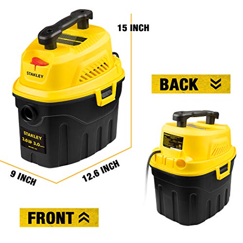 STANLEY 3 Gallon Wet Dry Vacuum, 3 Peak HP Poly 2 in 1 Shop Vac with Powerful Suction, Portable Shop Vacuum Car Vacuum W/ 3 Horsepower Motor for Auto Detailing, Tight Space Garage,Van,Vehicle