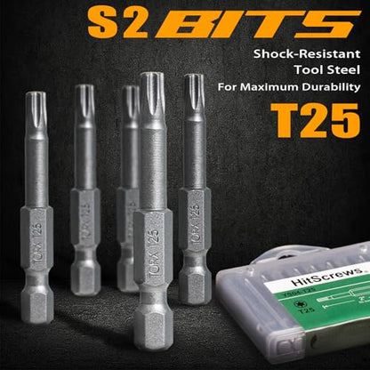 10Pcs T25 Torx Bits Magnetic Set, 2 Inch S2 Steel Star Screwdriver Bits with 1/4" Hex Shank in Storage Box For Impact Driver Ready & Home Repair - size: T25