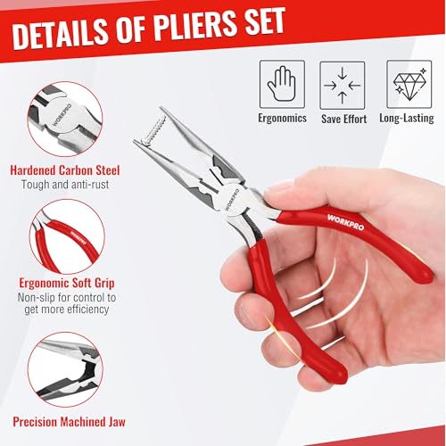 WORKPRO Pliers Set, 3-Piece Plier Tool Set with Soft Handle | 6" Needle Nose, 6" Slip Joint, 8" Groove Joint Plier for DIY & Home Use - color: Red
