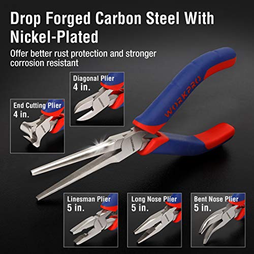 WORKPRO 6-piece Mini Pliers Set with Pouch | Needle Nose, Diagonal, Long Nose, Bent Nose, End Cutting and Linesman, for Making Crafts, Repairing Electronic with Pouch - color: Blue