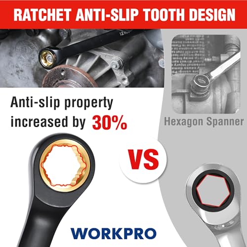 WORKPRO Extra Long Ratcheting Wrench Set, 9-Piece Anti-Slip Double Box Wrenches Set, SAE 5/16-3/4 in, 72-Teeth, Cr-V Steel and Black Electrophoretic Coating Wrenches with Rolling Pouch - size: SAE