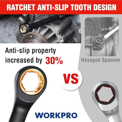 WORKPRO Extra Long Ratcheting Wrench Set, 9-Piece Anti-Slip Double Box Wrenches Set, SAE 5/16-3/4 in, 72-Teeth, Cr-V Steel and Black Electrophoretic Coating Wrenches with Rolling Pouch - size: SAE