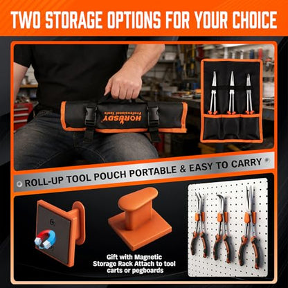 HORUSDY 3-Piece 11 Inch Long Reach Needle Nose Pliers Set, Extra Long Straight, 45° & 90° Bent Nose Pliers with 3 Magnetic Plier Racks and Roll-Up Storage Bag for Tight Spaces