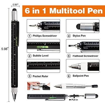 VIBELITE Magnetic Pickup Tool and 6 in 1 Multitool Pen with Touch Screen Stylus, Rulers, Bubble Level, Flathead, Phillips Screwdriver, Ballpoint Pen, Dad Gifts, Birthday Gifts for Men, Dad, 2Pack