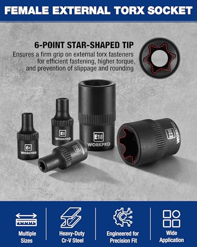 WORKPRO 11PCS E-Torx Socket Set, 1/4" 3/8" Drive Star Socket Set, CR-V Steel External Torx Socket Set (E4-E20 Socket) with PVC Socket Organizer, Ideal for Motorcycle, Automotive, and Mechanical Repair