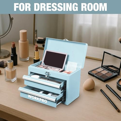 WORKPRO Portable Mini Tool Box, 2 Drawers Metal Tool Chest with Ball Bearing Slides, Top Storage with Latch, Ergonomic Carrying Handle, Mechanic Toolbox with PVC Liners and PP Feet Pads - color: Macaron Blue
