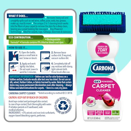 Carbona 2-in-1 Oxy-Powered Carpet Cleaner (13.5 Fl Oz), Spot Cleaner with Dual Sponge & Bristle Applicator for Targeted Cleaning, Fast Formula - size: 13.5 Fl Oz (Pack of 1)