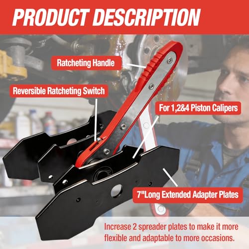 360° Ratcheting Brake Caliper Press Tool, For Quick Brake Pad Changes | Brake Caliper Tool with Piston Press Tool & 2 Steel Plates, Includes 2 Caliper Hooks + 1 Pair Gloves,Caliper Compression Tool