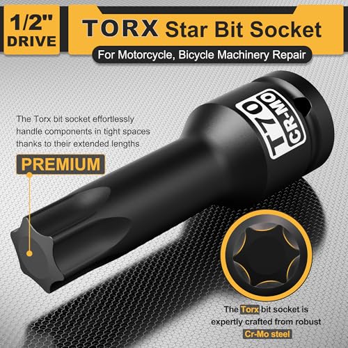1/2" Drive T70 Torx Bit Socket, Star Bit Socket, CR-MO Steel, Motorcycle, Bicycle Machinery Repair - size: 1/2" T70 Deep