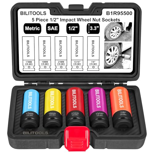 BILITOOLS 5pcs Impact Lug Nut Socket Set, 1/2" Drive Non-Marring Thin Wall | Metric 17/19/21mm & SAE 13/16-7/8", Cr-Mo Steel, Thin Wall, 6-Point Flank Drive, Color-Coded, Impact-Rated - style: Lug Nut Socket Set