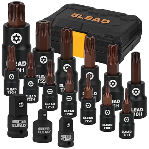 16-Piece Torx Bit Socket Set - Premium S2 Steel European Style T8-T60 with Socket Adapters, Star Bit Socket Set 1/4”, 3/8” and 1/2” Drive | Professional Mechanic Garage Tools - style: Torx