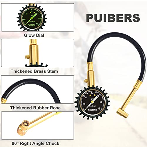 Motorcycle Tire Pressure Gauge 60 PSI, PUIBERS 2’’ dial Mechanical Tire Gauges with 90 Degree Right Angle Chuck Flexible Hose, Tires Guages for Pressure Glow in The Dark for Cars, Motos, Bicycles - size: 60PSI Motorcycle