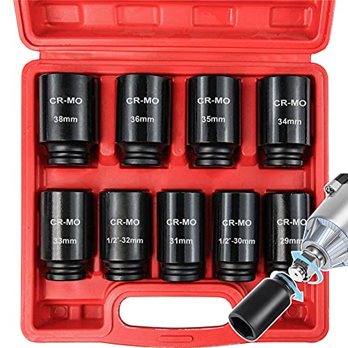 1/2” Drive Deep 6-point Spindle Axle Nut Impact Socket Set CR-MO 29 to 38 mm Heavy Duty Impact Socket Set (9 Pieces, Metric)