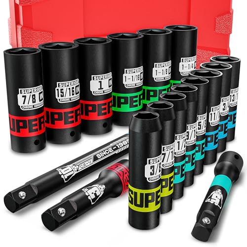 17 Piece 1/2" Drive Impact Socket Set, 3/8" - 1-1/4" Deep Socket, Include 3", 5", 10" Extension Bars, SAE, 6-Point, CR-V Steel, Cars, Motorcycles, Loosen the Fastening Nut - size: 1/2" Large SAE