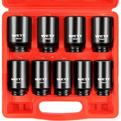 WETT 1/2" Drive Deep Large Impact Socket Set, 9-Piece Spindle Axle Nut Metric 6 Point Sockets Set, CR-V, 29mm-38mm - size: 1-1/8"-1-1/2" (9pc)