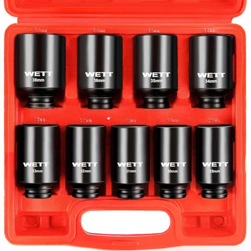 WETT 1/2" Drive Deep Large Impact Socket Set, 9-Piece Spindle Axle Nut Metric 6 Point Sockets Set, CR-V, 29mm-38mm - size: 1-1/8"-1-1/2" (9pc)
